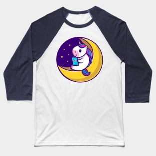 Cute Unicorn Reading Book On Moon Cartoon Baseball T-Shirt